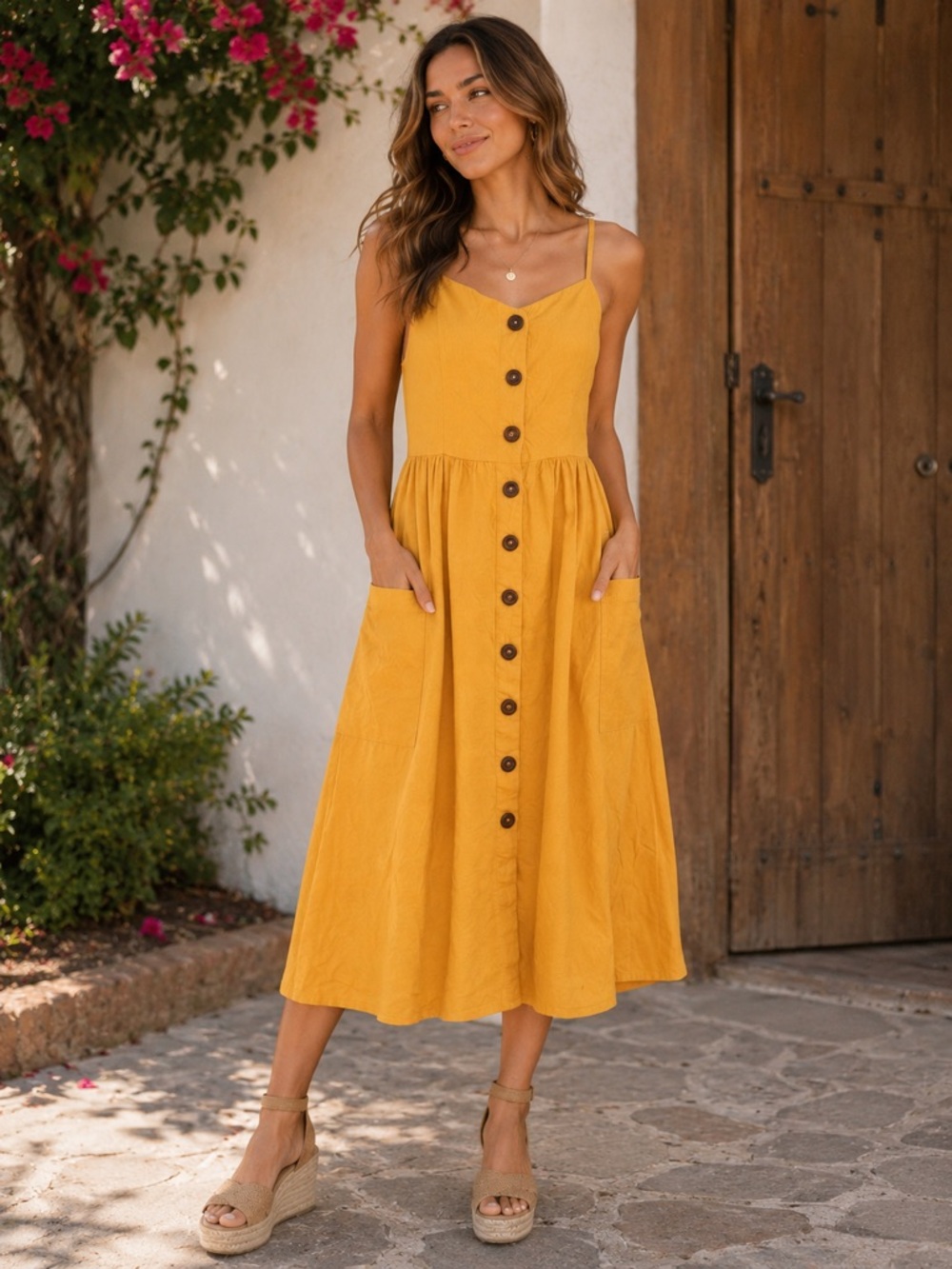 SOLD Spaghetti Strap Midi Dress in Mustard Yellow with Button-Front